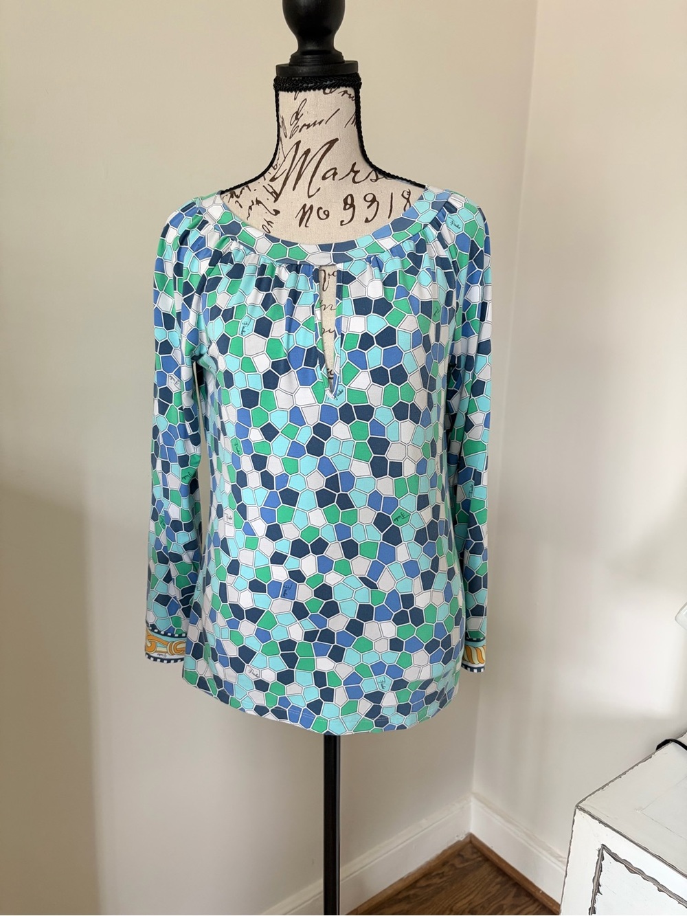 Emilio Pucci— am Mosaic Print Long Sleeve Top, Sz M, Green Blue White